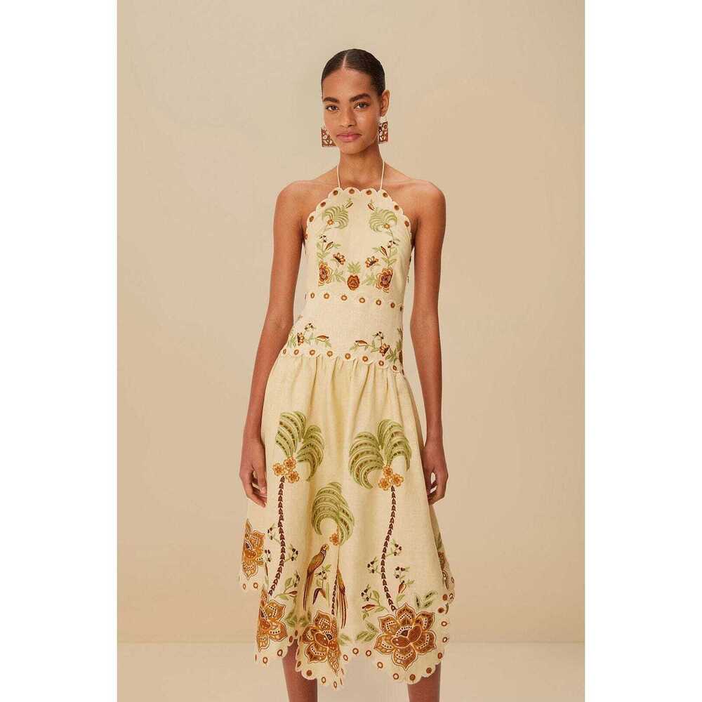Sand Delicate Forest Richelieu Embroidered Euroflax™ Premium Linen Midi Dress